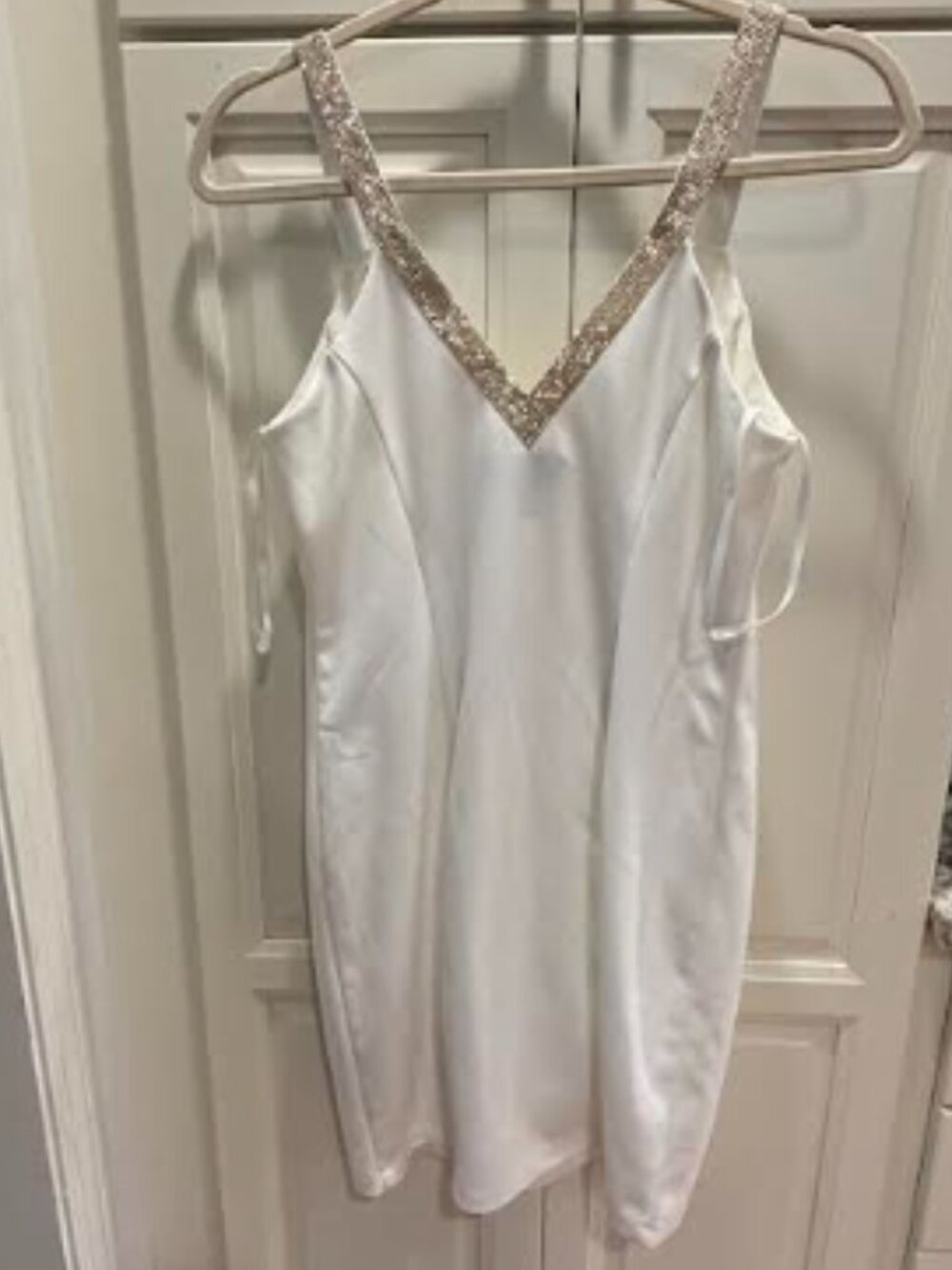 BCX White V-Neck Dress with Gold Trim Medium